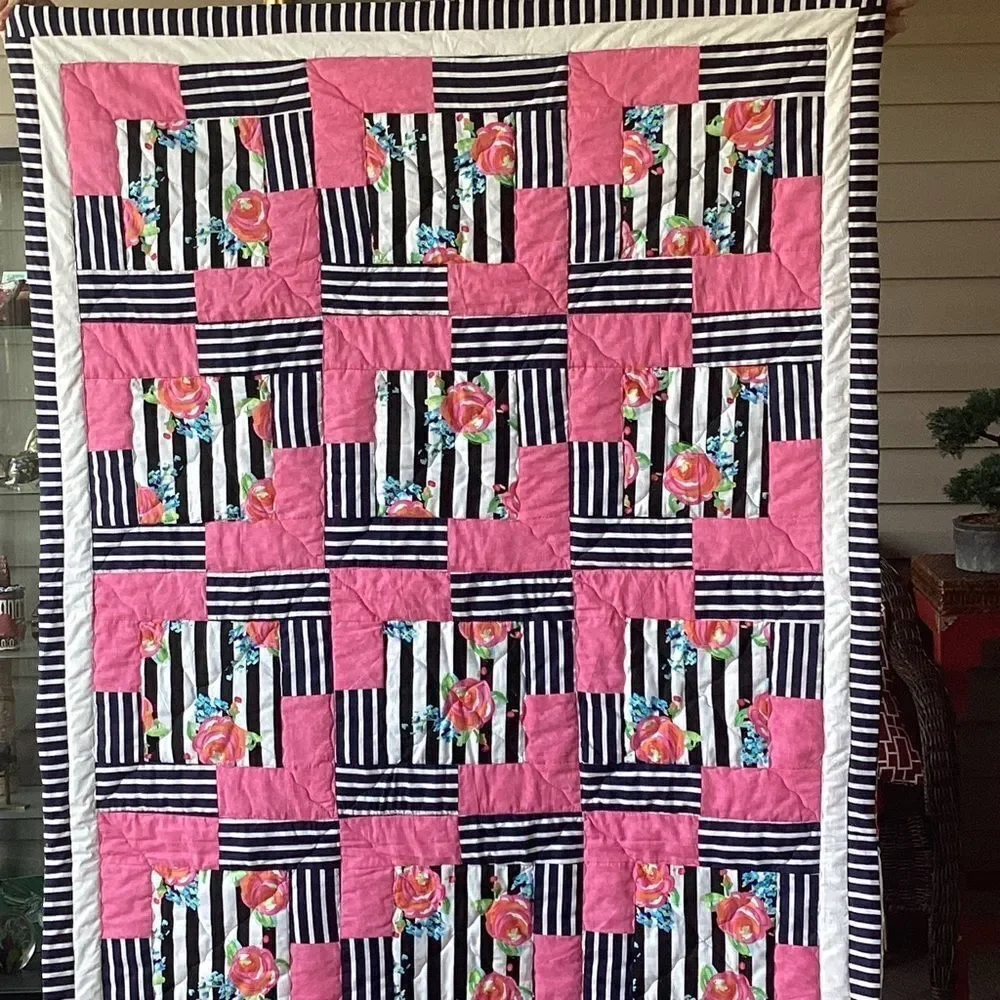 NWT. Hand Crafted Pink and Black Striped With Roses Floral Quilt